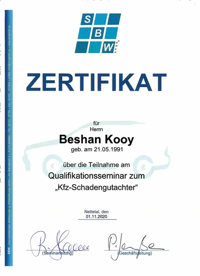 Nachweis: Kfz-Schadengutachter